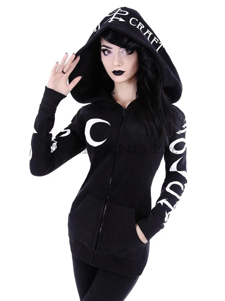 

Women Hoodies Gothic Punk Moon Letter Print Sweatshirts 2022 Autumn Winter Long Sleeve Black Jacket Zipper Coat Casual Hoody 5XL