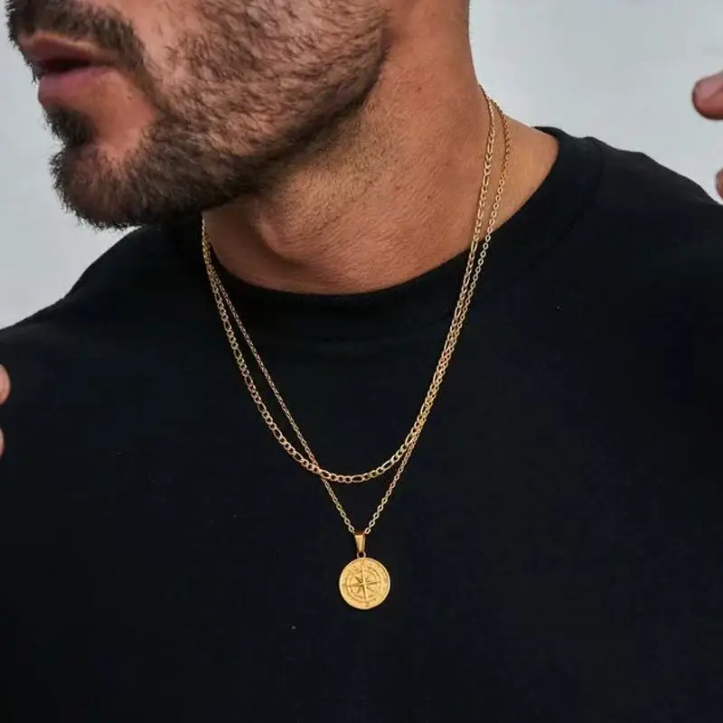 Gold Color Mens Compass Necklaces,Vintage Viking North Star Anchor Medal,Stainless Steel Pendant for Male Boyfriend Dad Gift