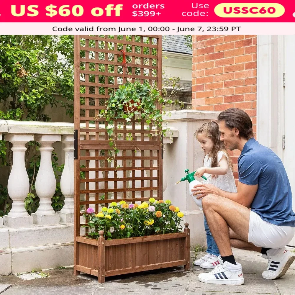 

Wood Planter Raised Garden Bed with Trellis, 71 Inch Height Garden Planter Box Privacy Screen Lattice Panels w/Drainage Holes