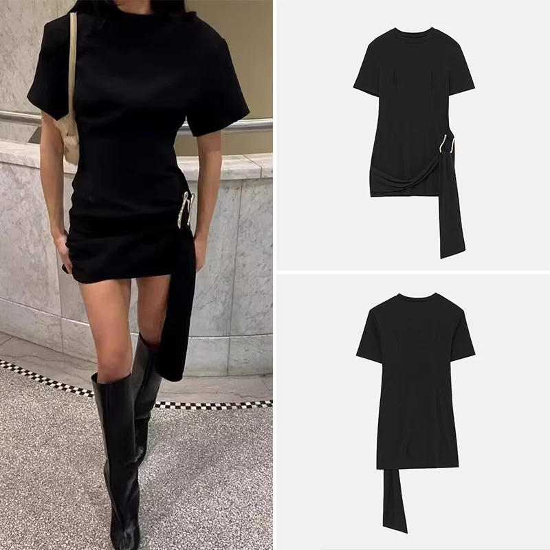 Vestido Moderno de Manga Corta con Cuello Redondo y Decoración de Hebilla de Herradura, Estilo Urbano, Prenda Única, Primaver...