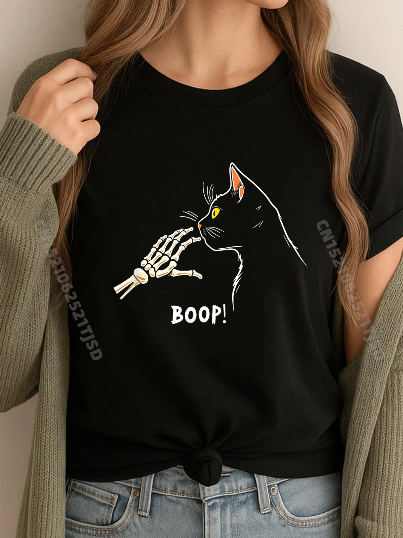 

Cat Skeleton Hand Boop Halloween Mens Clothing Camiseta T-shirts Slogan