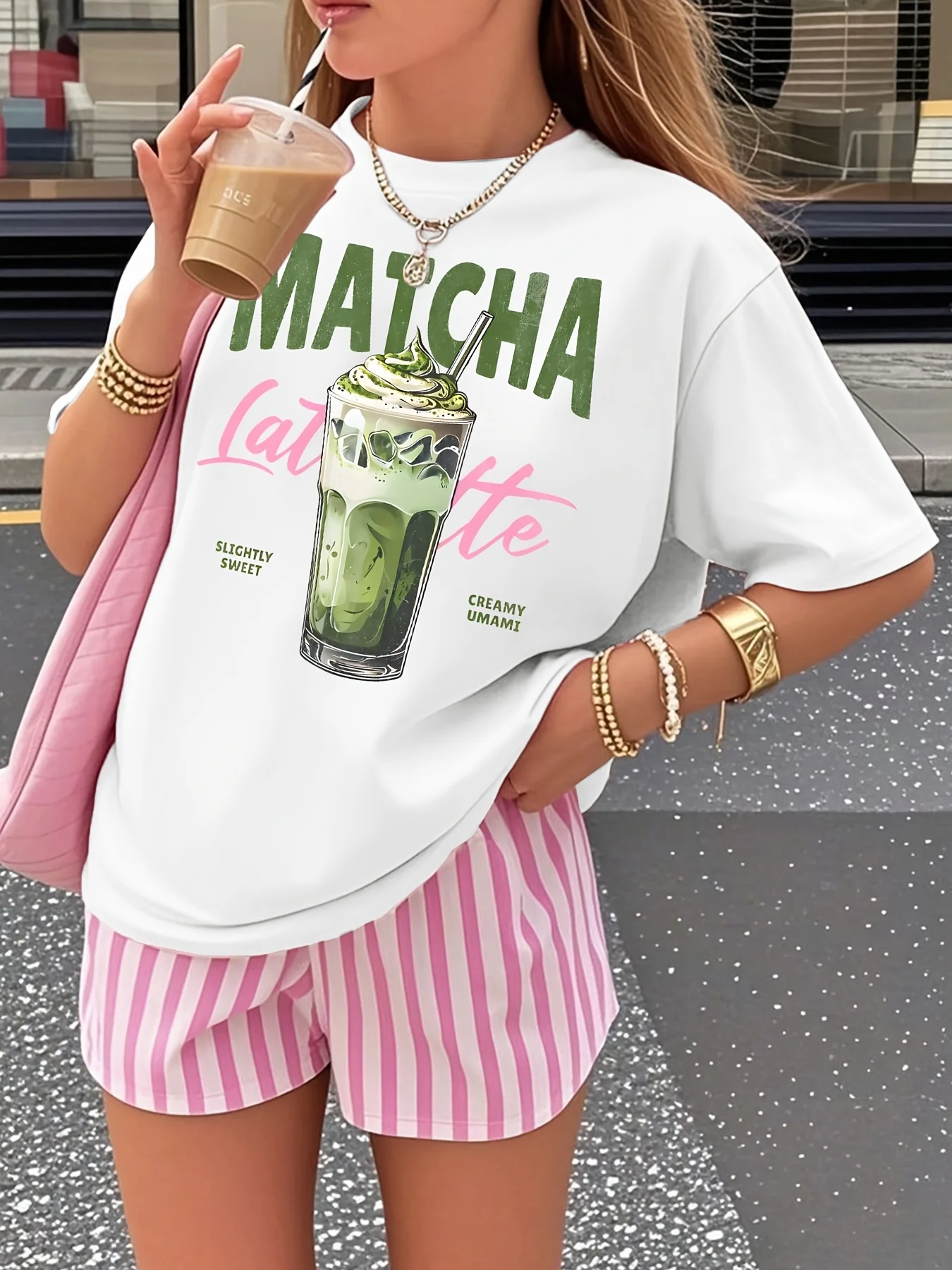 Matcha Latte Retro Iced Coffee Grafik-Baumwoll-T-Shirt für Damen, Sommer, kurzärmelig, Kaffeeliebhaber-T-Shirts, lässige Paar-Y2K-Tops