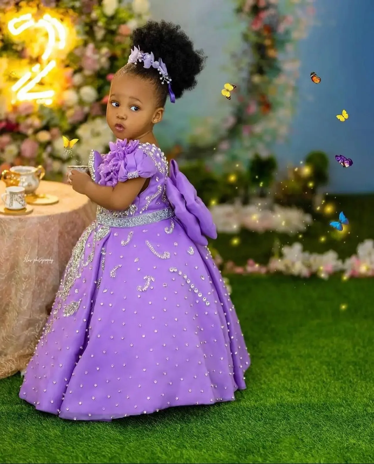 Luxury Lavender Girls Birthday Dress Beading With Bow Floral Flower Girl Dresses Queen Ball Gowns for Wedding Party Customized image 5