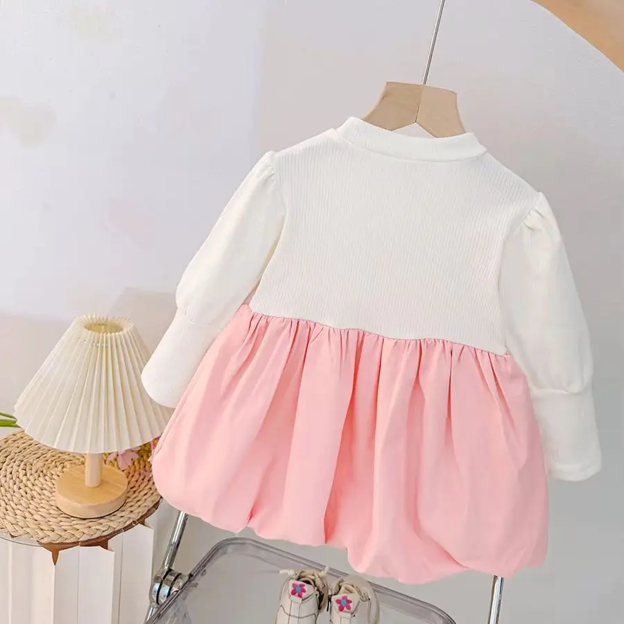 Baby Girl Pink Dress Cute Bunny Bow Decoration Soft Knit Long Sleeve Dress for Kids Girl Autumn Daily Casual Dresses