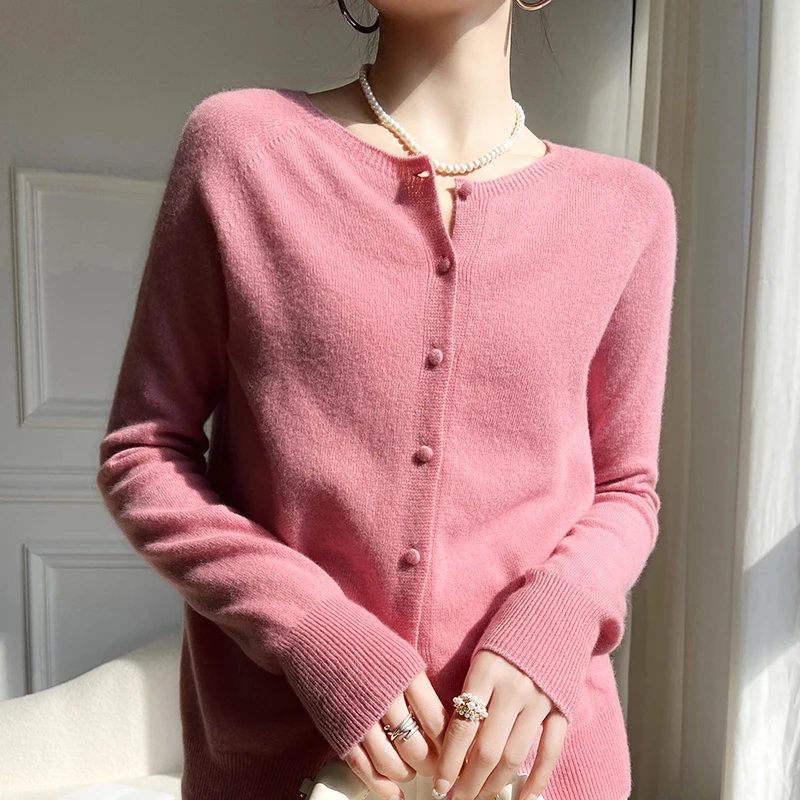 Women\'s 100% Pure Wool Cardigan, Round Neck Loose Outerwear for Spring and Autumn New Solid Color Knit Long Sleeve Cashmere Base