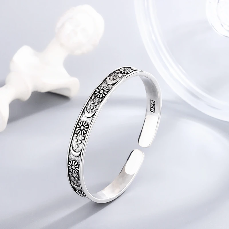 Vintage Thai Silver Moon Star Flower Silver Color Resizable Opening Bracelet For Women Luxury Jewelry Gift