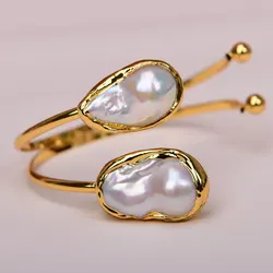 G-G 2 Rows AAA+18x28MM White Keshi Baroque Pearl 24 K Gold Plated Bangle Bracelet