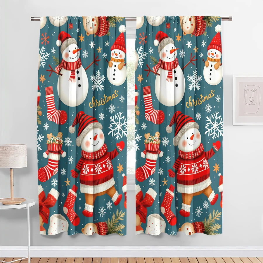2PCS Digital Print Curtain, Snowmen with Christmas Stockings and Sweaters on Teal Background, Snowflakes, Cute, for Window Decor