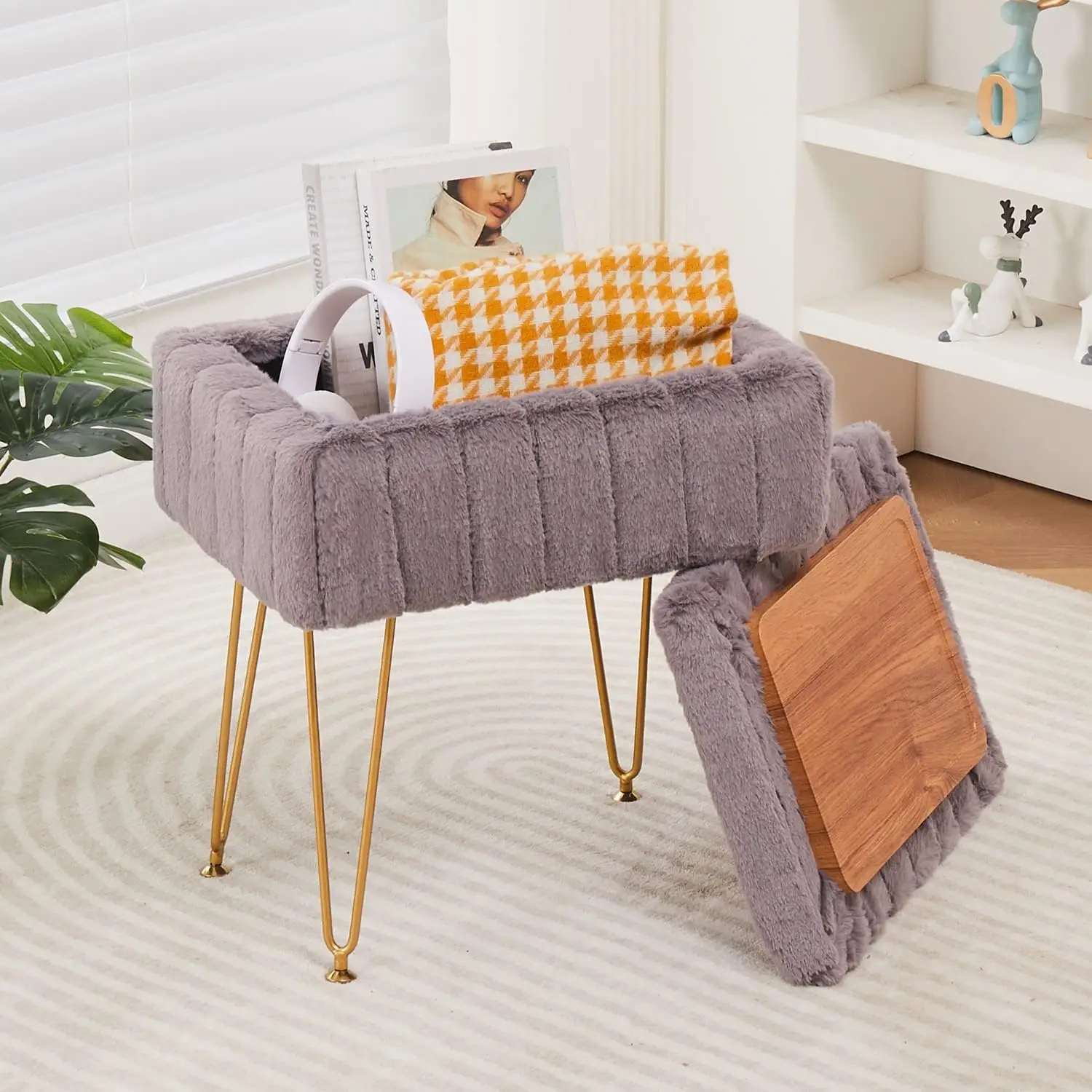 

Faux Mink Fur Storage Ottoman Bench with Metal Legs, Soft Footstool Vanity Seat for Bedroom Living Room (Grey)