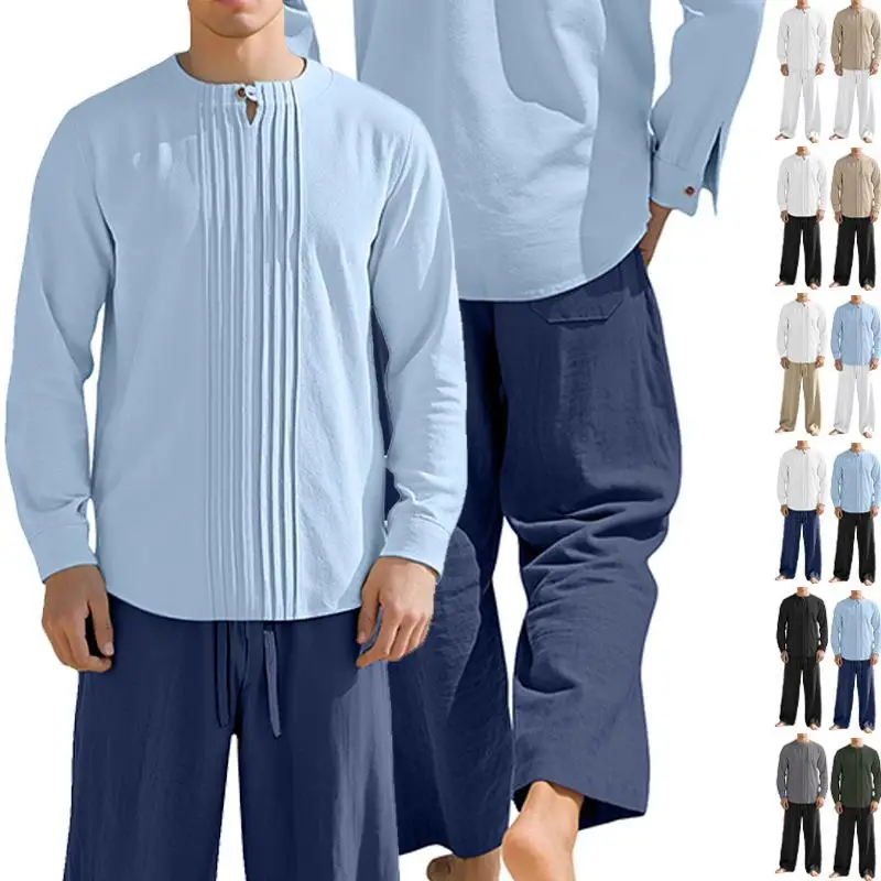 

Casual Sport Cotton Linen Long Sleeve Shirt Stand Collar Color Men's Set Autumn Spring Cross-Border Clothing