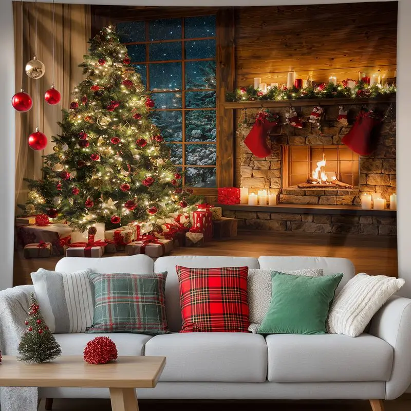 VIKAMA Red Brick Fireplace Christmas Tapestry, Warm Wall Art Background Cloth for Traditional Living Room Holiday Decor