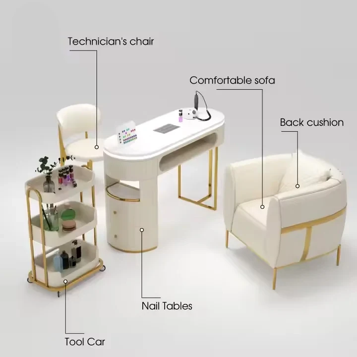 Modern Nail Table with Storage LED Portable Lamp Manicure Chair Stool Set in Nail Salons