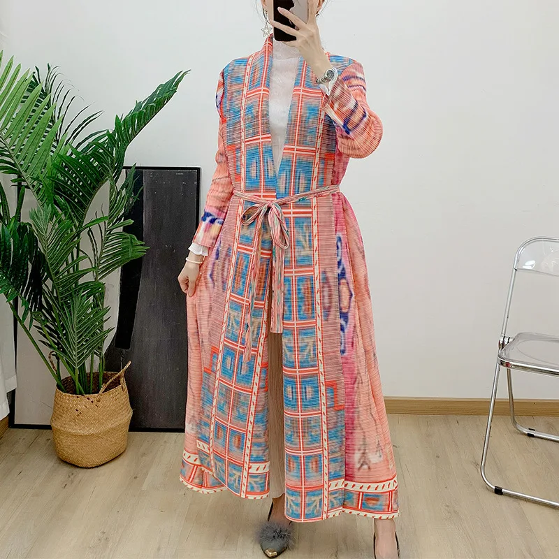 

Miyake Pleated Turndown Collar Long Sleeve Vintage Printed Dress Belt Women 2024 New Dubai Designer Original Fashion Loose Coats