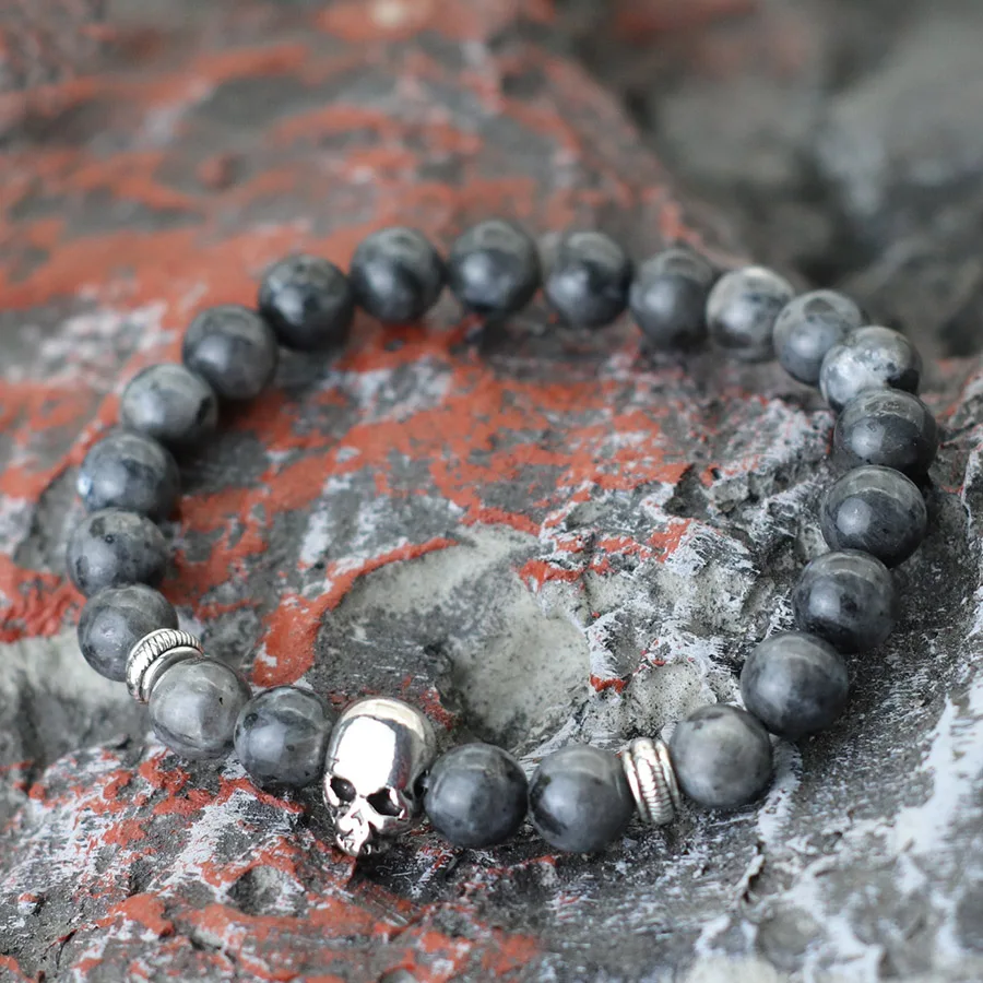 Retro Halloween Skull Bracelet For Men 8mm Lava Tiger Eyes Hematite Healing Braclet Hiphop Accessories Cycling Braslet Homme