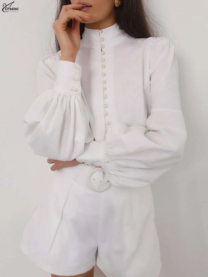 

Oymimi Fashion White 2 Pieces Set For Woman Elegant Turtleneck Long Sleeve Blouses And High Waisted Simple Shorts Female Sets