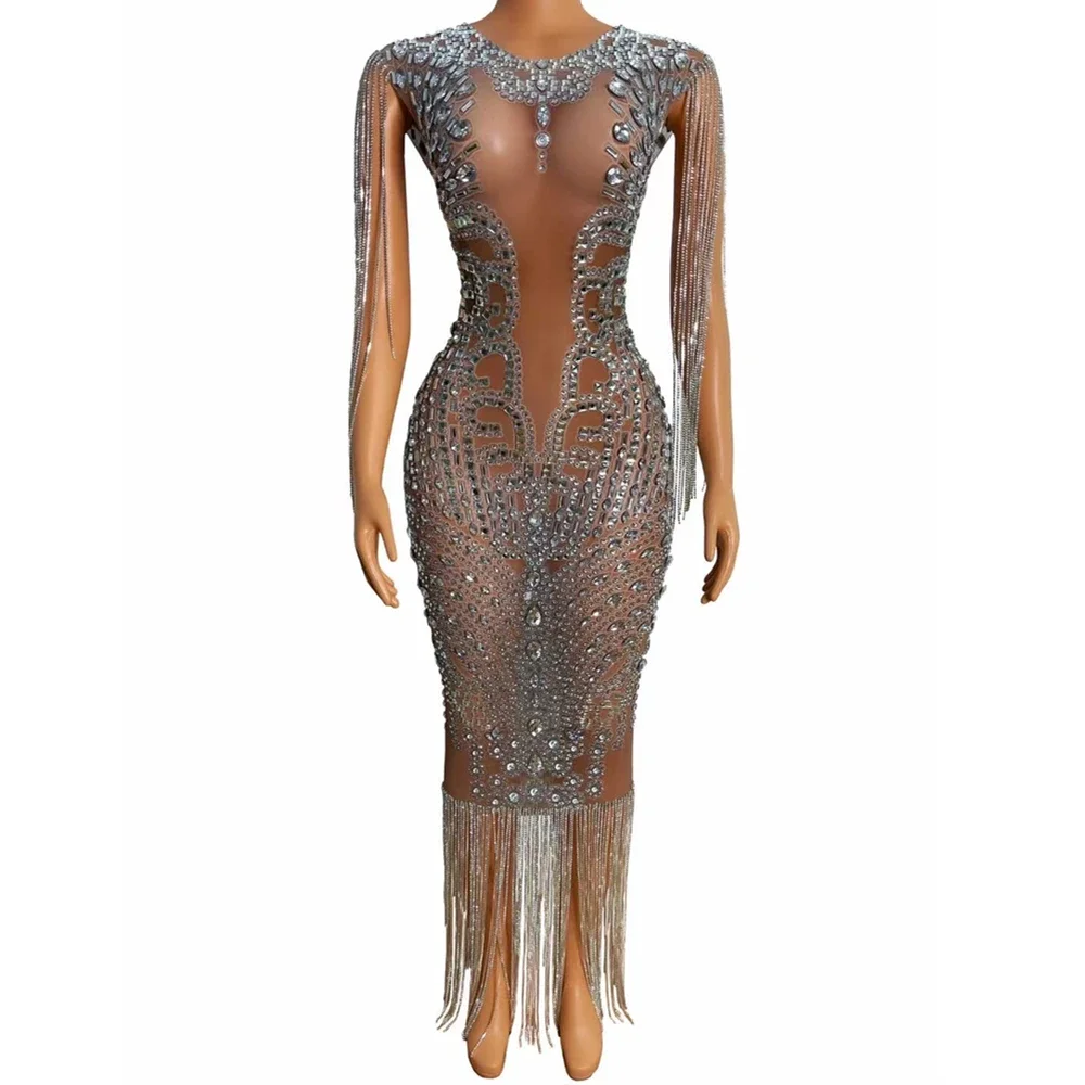 

Brown Perspective Shining Sparkly Crystal Rhinestones Tassel Sexy Women Dress Evening Party Club Clothing Stage Prom Costumes