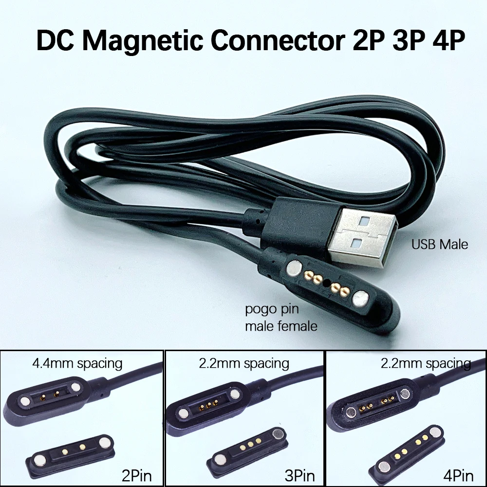 2Pin 3Pin 4Pin USB DC Magnetic Pogo Pin Connector 2P 3P 4P Male Female 4.4mm 2.2mm Waterproof Magnetic Power Data Charging Cable