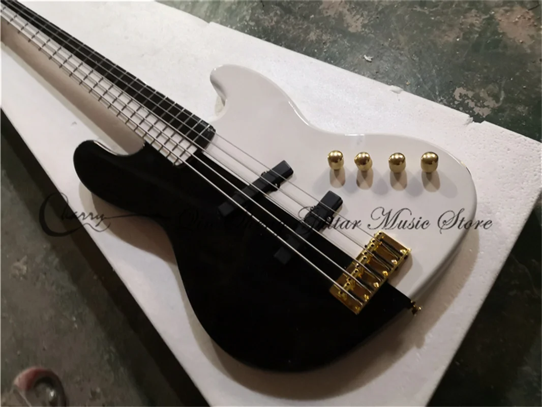 free shipping order 5 strings  JA bass guitar, white with black body and neck,gold bridge,2 swtich,strings through body