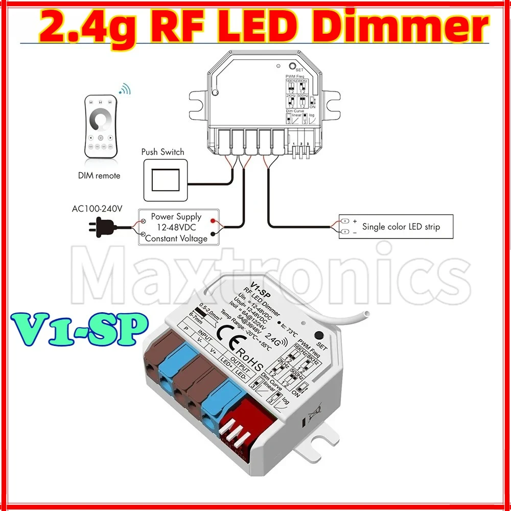 

NEW V1-SP Skydance 2.4GHzRF+Push-DIM LED Dimming Mini Constant Voltage Controller 0-100% Adjustment For Single Color LED Strips
