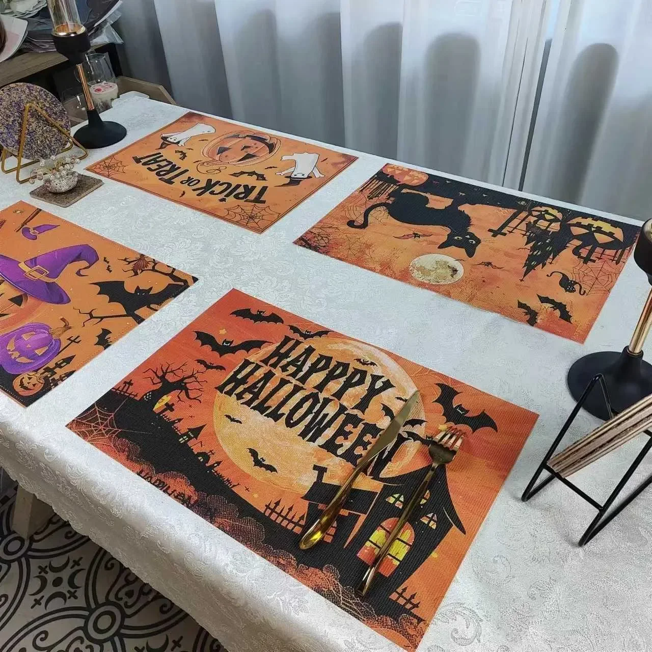 

Halloween Jack Pumpkin Black Cat Bat Placemat Linen Tableware Kitchen Wooden Dining Table Mat Bowl Coffee Cup Pad Non-slip Decor