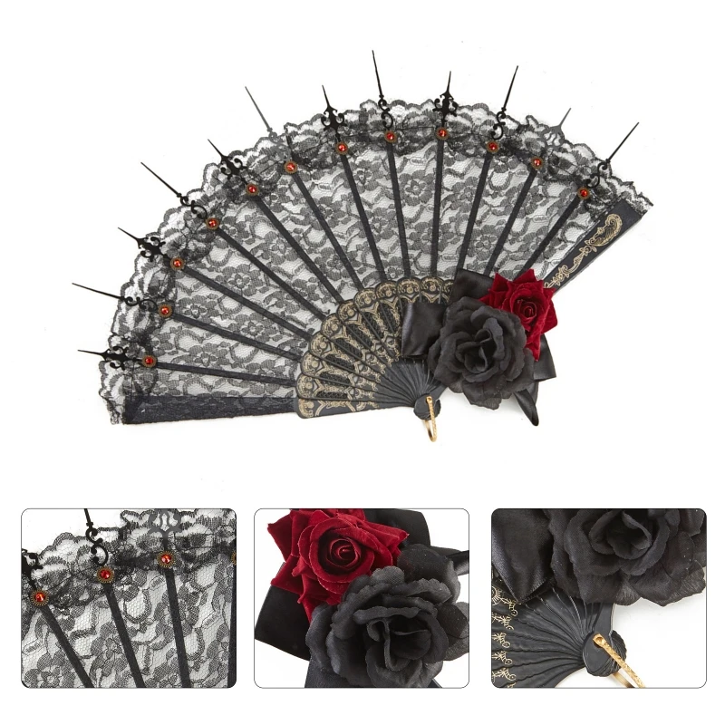 Lace Fan Japanese for Rhinestone Rose Folding Fan Dark Gothic Court Dance Hand Fan Gift Wedding Party Decoration