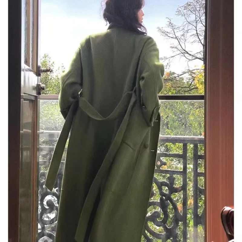 2024 Autumn Winter New Fashion Hepburn Style Mid length Women's High end Temperament Pink Green Loose Korean Edition Woolen Coat