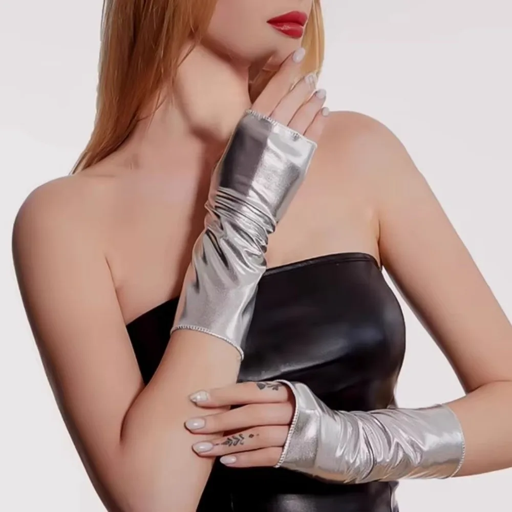 1 пара перчаток без пальцев с глянцевой отделкой, комплект рукавов в стиле панк, перчатки для выступлений, перчатки из искусственной кожи из искусственной кожи