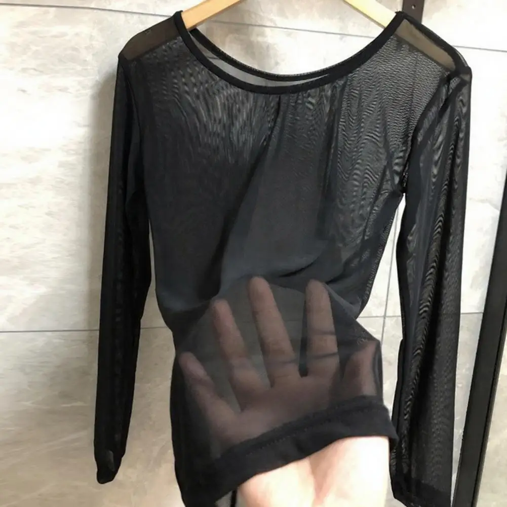 

Sexy Women T Shirt See Through Mesh Black Long Sleeve Tees Sheer Slim Fit O Neck Tulle Crop Top T-Shirt Transparent Clubwear