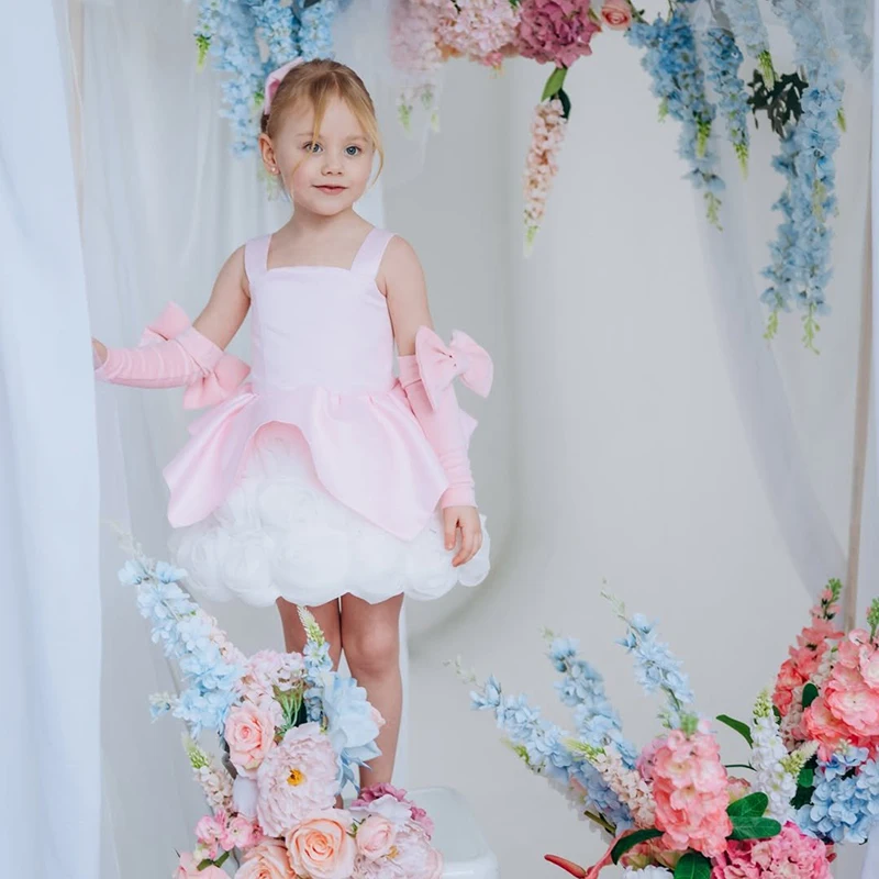 Eightree Customized Pink Flower Girl Dress For Wedding Fluffy Velvet With Bow Lovely Kids Birthday Party Banquet First Communio