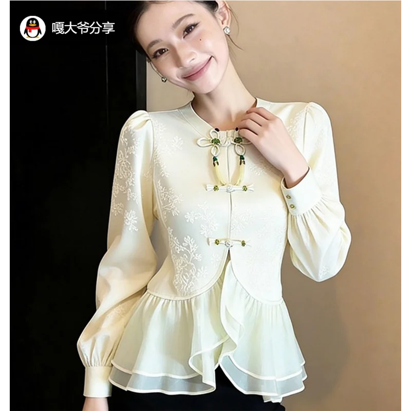 

Stylish Early Spring White Shirt for Women Elegant Age-Defying Chinese Design Unique High-End Fashion Trendy Top