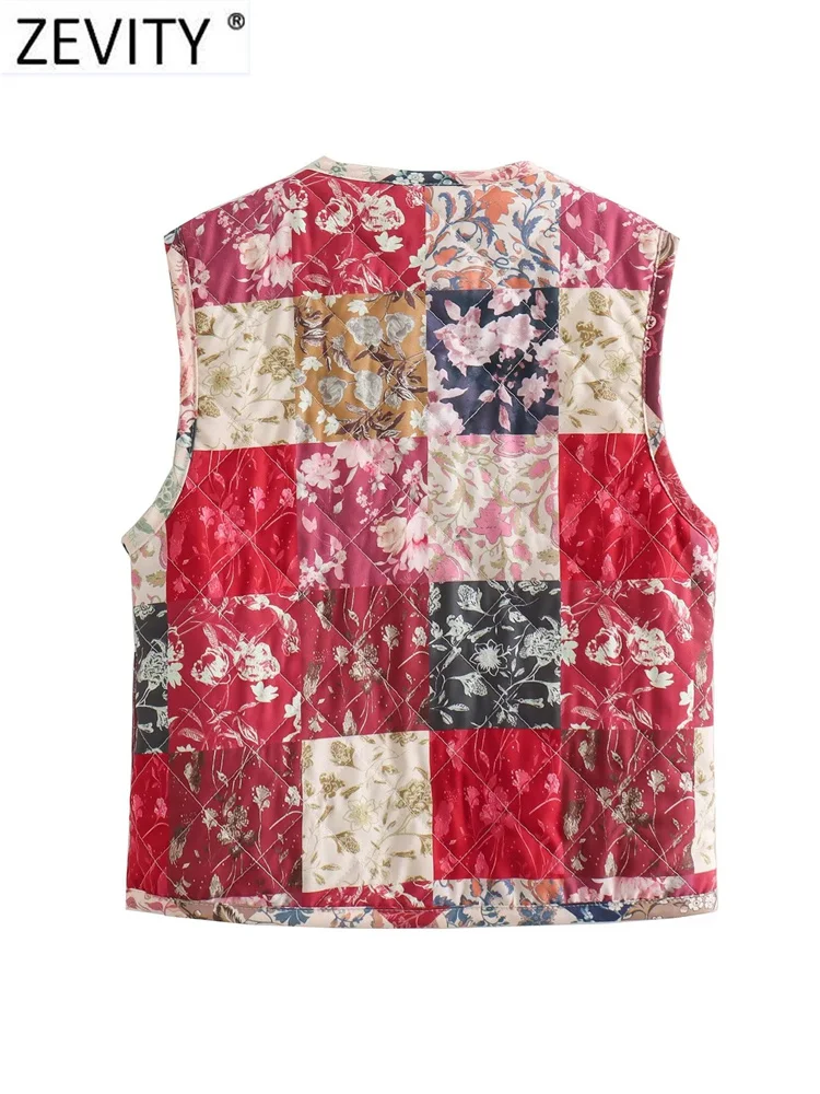 Zevity Women Vintage O Neck Cloth Patchwork Flower Print Cotton Padded Sleeveless Vest Jacket Female Retro WaistCoat Tops CT5075