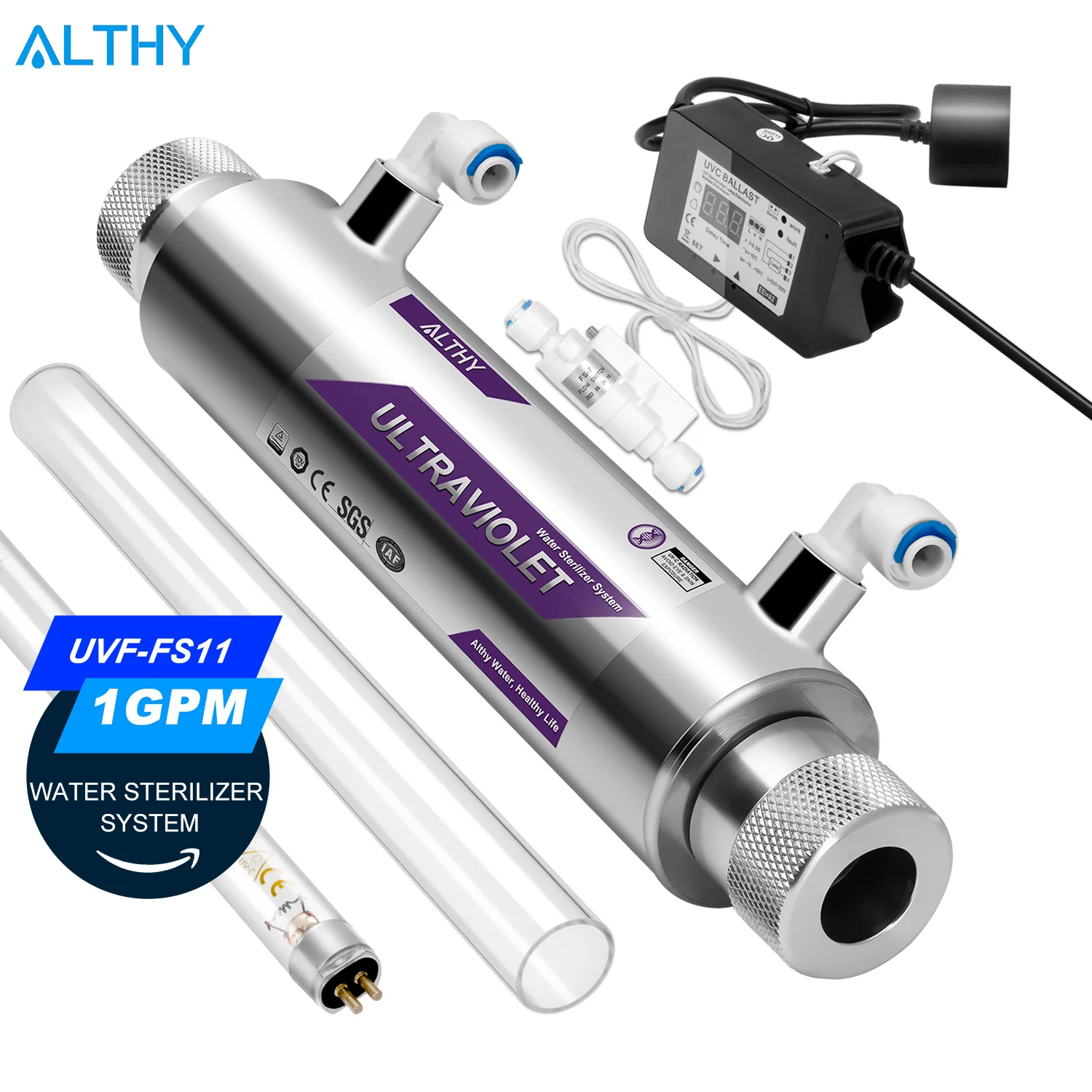 

ALTHY UV Ultraviolet Water Sterilizer Purifier System Disinfection Filter Lamp + Flow Switch Control Stainless Steel 1GPM