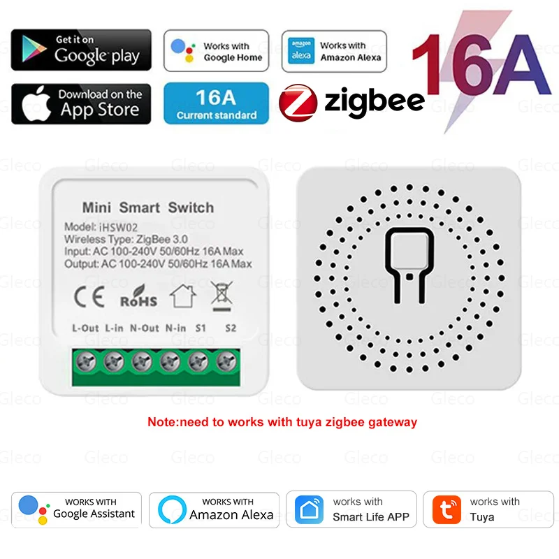 Tuya Zigbee 3.0 Mini Smart DIY Switch 2 Way Control Smart Home 16A Relay Automation Breaker For Alexa Google Home Smart Life App