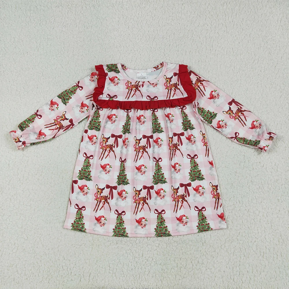 

Baby Girls Knee-Length Plaid Dress with Bib Pink Christmas Tree Santa Bow Design for Holiday Parties And Festive Occasions