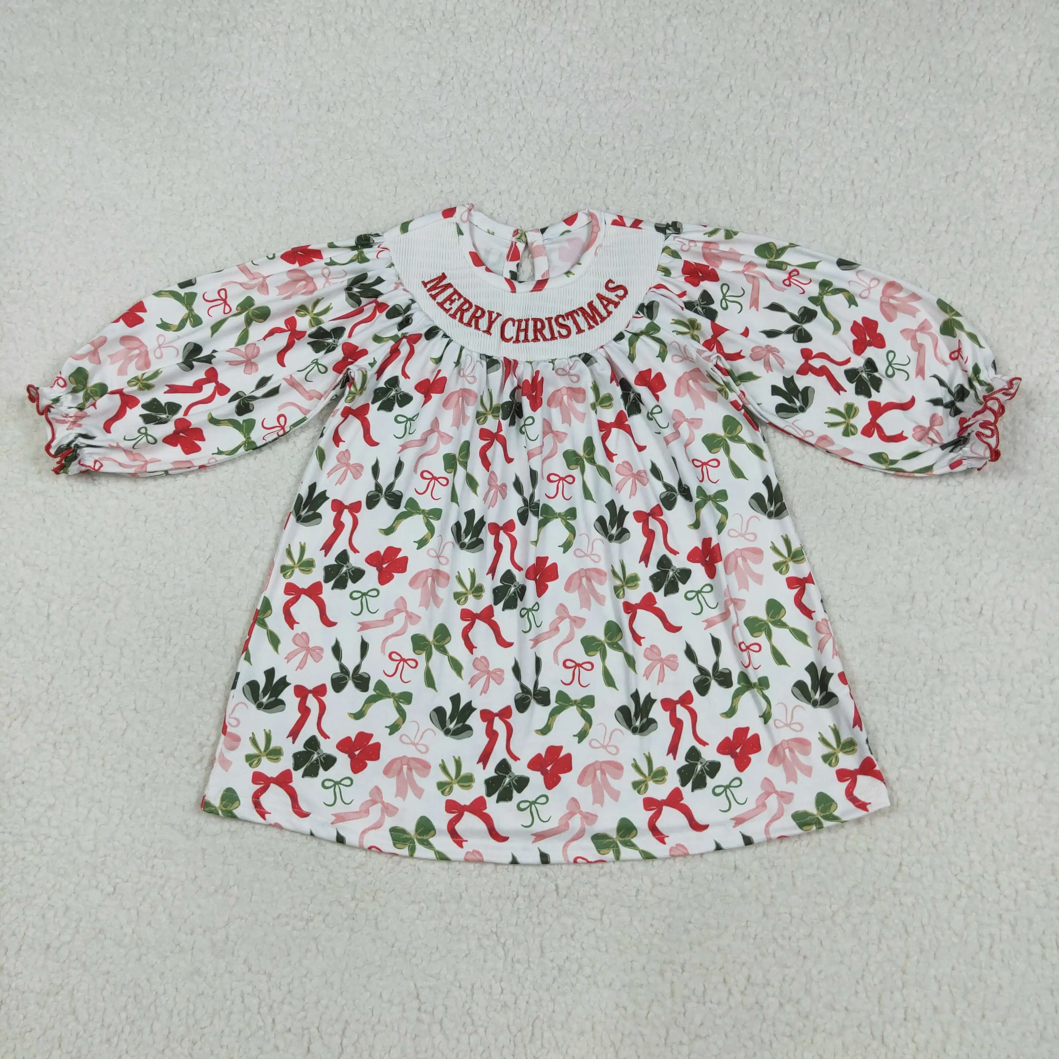 

MERRY CHRISTMAS Coquette Bows Red Green Little Girls Dress Baby Smocked Bubble Romper Sister Matches Baby Clothes New Designs