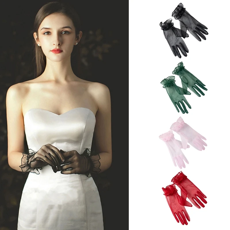 Ultra-thin Transparent Mesh Gloves Women Lace Full Finger Short Tulle Gloves Solid Stretchy Wrist Length Wedding Party Mittens