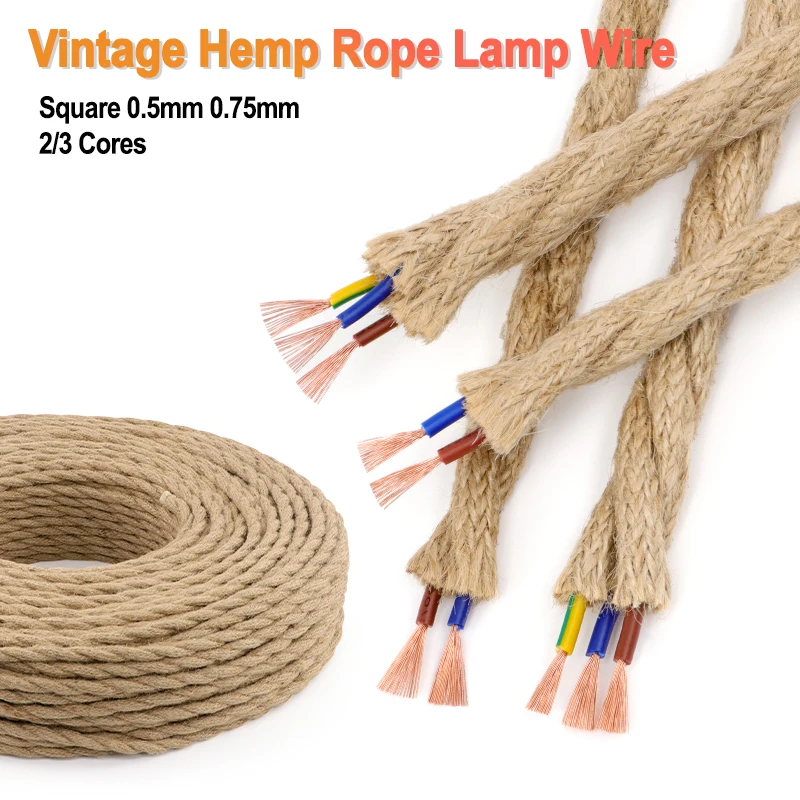 Vintage Hemp Rope Lamp Wire 0.5/0.75mm²  2/3 Cores PVC Insulated Twisted Electric Extension Cable For DIY Retro Light Bar Decor