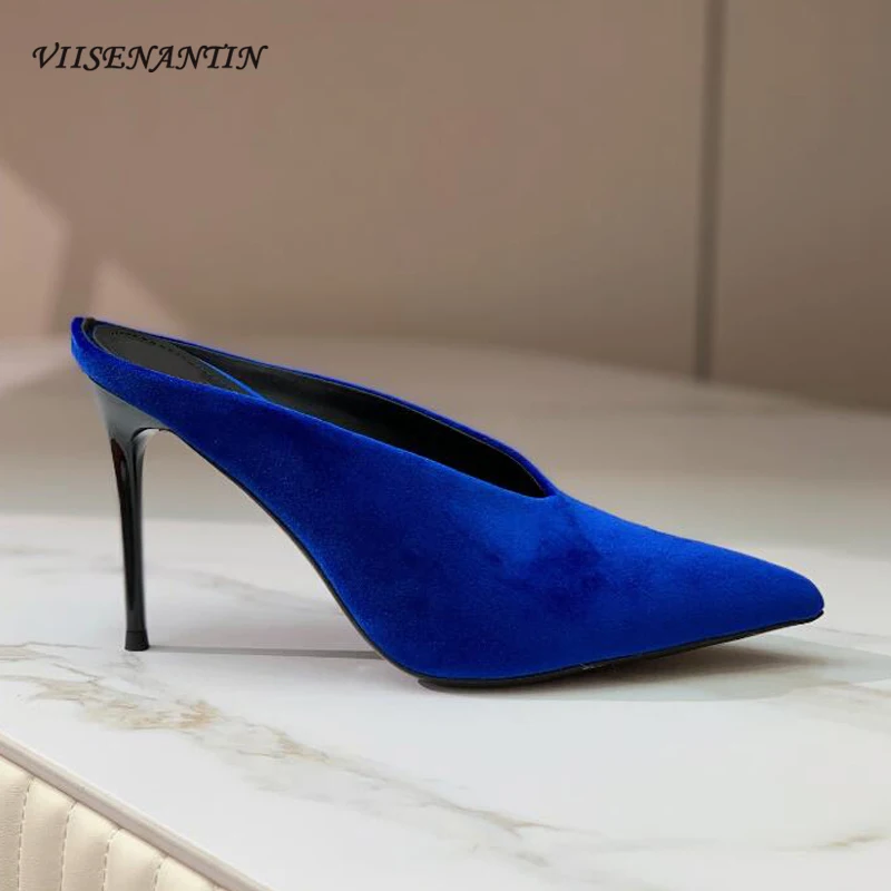 

Luxury Pointy Toe Half Slipper Stiletto Thin Heel Sexy Velvet V-mouth Dress Shoe 2023 Autumn Spring Brand Name Chic Ladies Mules