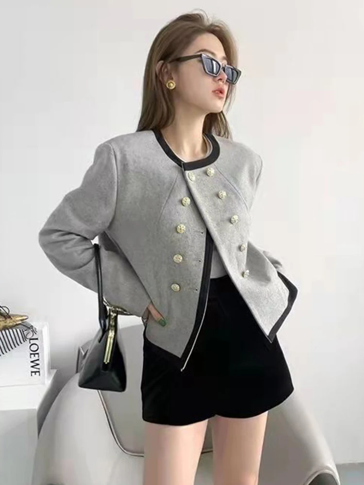 Zoki Fashion Grey Tweed Jacket Women Harajuku Irregular Elegant Coat Korean Long Sleeve Double Breasted Design Simple Casual Top