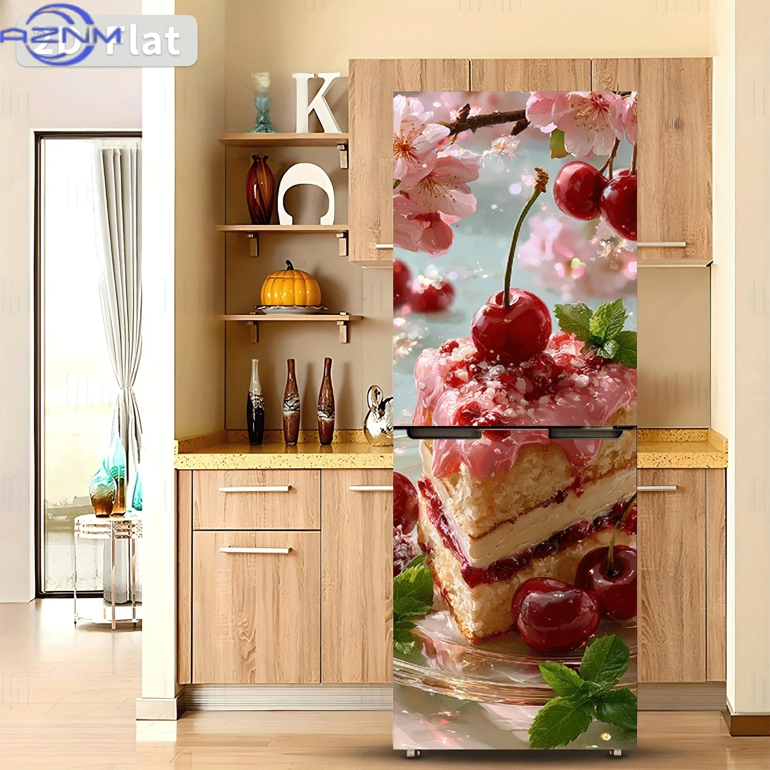 2D Flat Printing 1pc Refrigerator Sticker  Cherry Blossom Cherry Cake Themed Design Wall Sticker Decorative Wallpaper Self-Adh