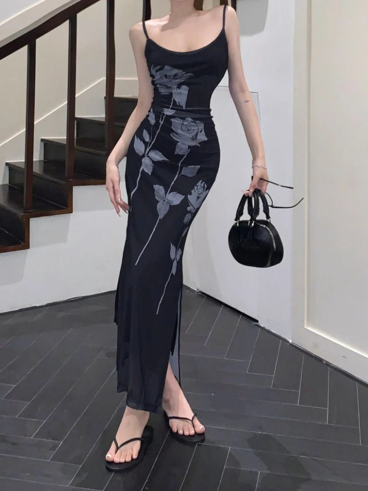 2024 Summer Harajuku Split Women Dress Slim Waist Tunic Sexy Sleeveless Printing Dresses Y2k Aesthetic Black Vintage Vestidos