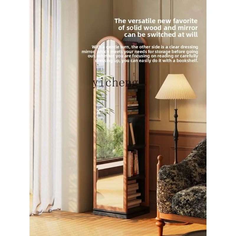 Retro Solid Wood 360-degree Rotating Bookshelf, Bookcase Floor Mirror Integrated Display Magazine Rack