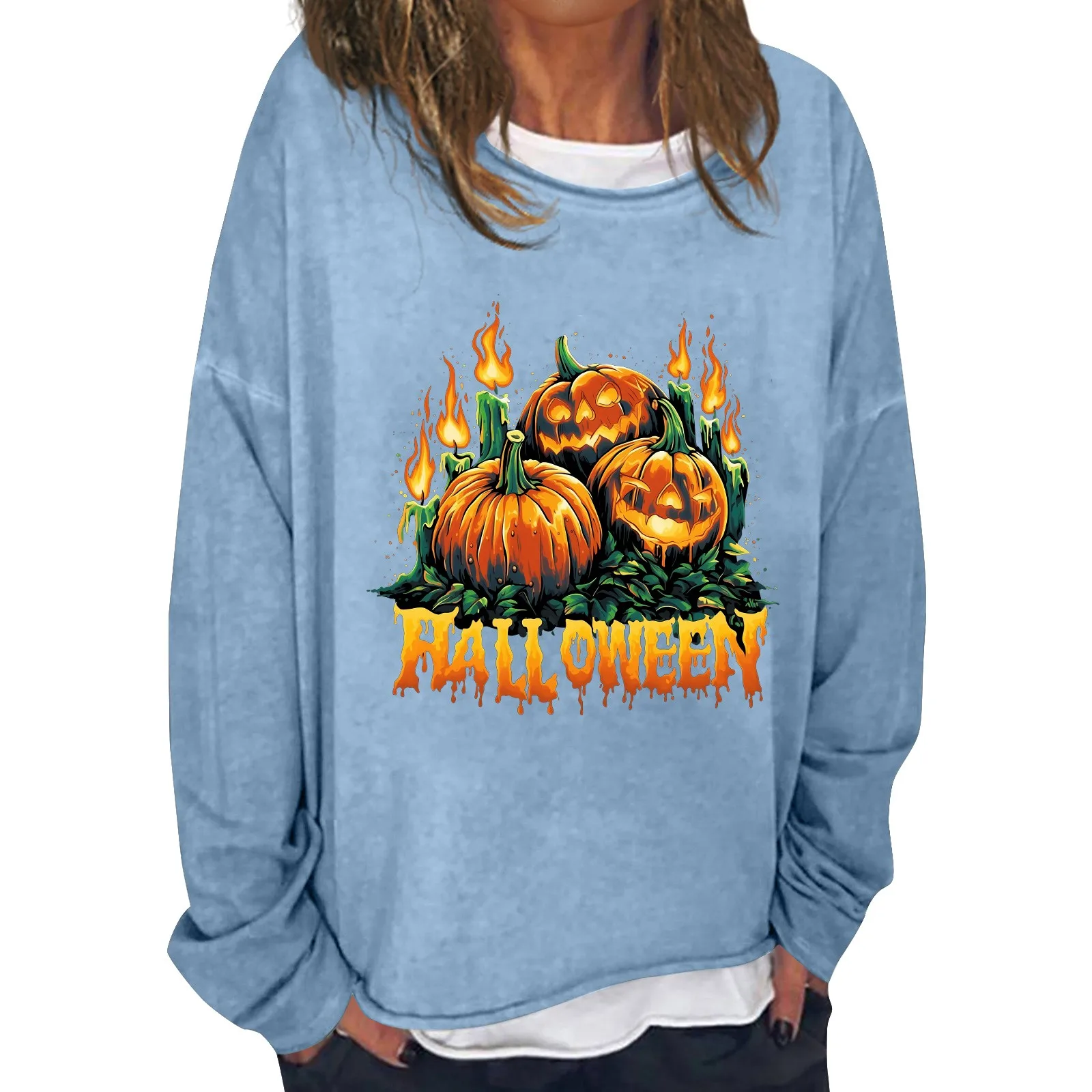 Women's Spring And Autumn Casual Fashion Halloween Pumpkin Printed Long Sleeve O-Neck Sweatshirt Layer Pullover Top