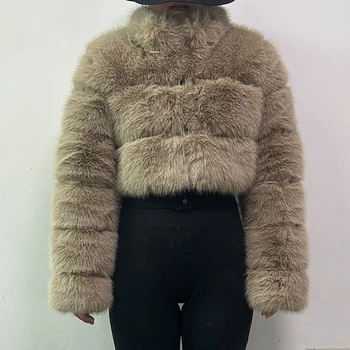 الفاخرة المنك معاطف قصيرة النساء الشتاء قمة الموضة فو الفراء معطف أنيق سميكة الدافئة ملابس خارجية وهمية الفراء امرأة سستة رقيق سترة
