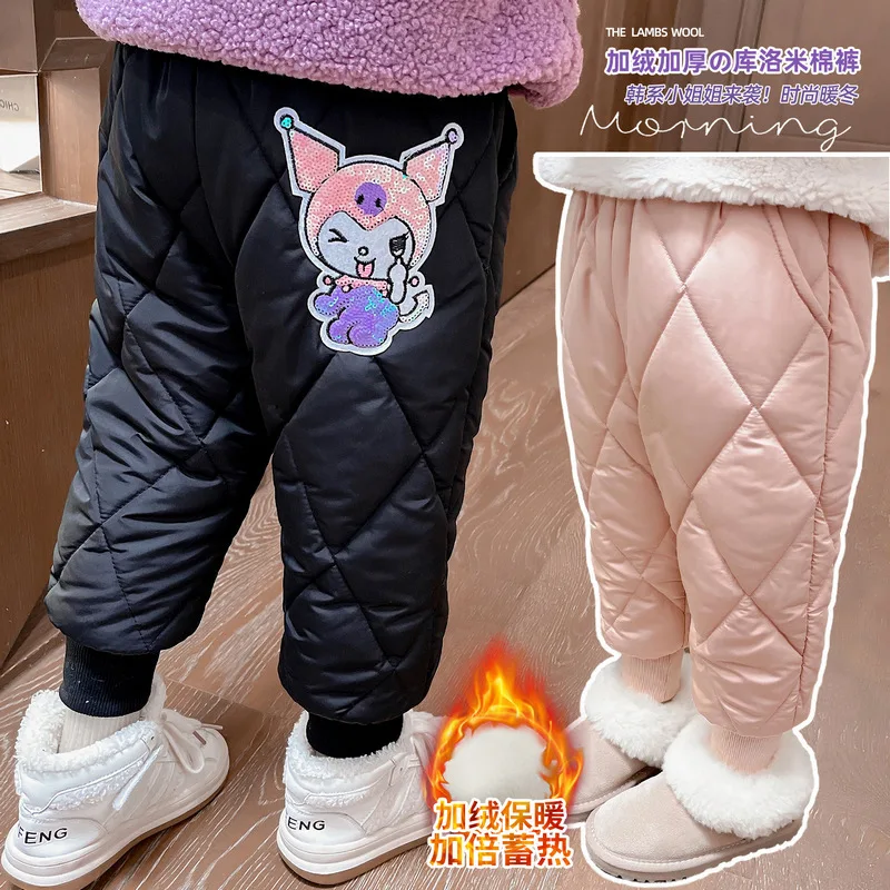 

Новые Брюки Sanrio с хлопковой подкладкой, милые детские зимние штаны с японским мультяшным рисунком Kawaii Kuromi, милые повседневные брюки для девочек, подарок на день рождения