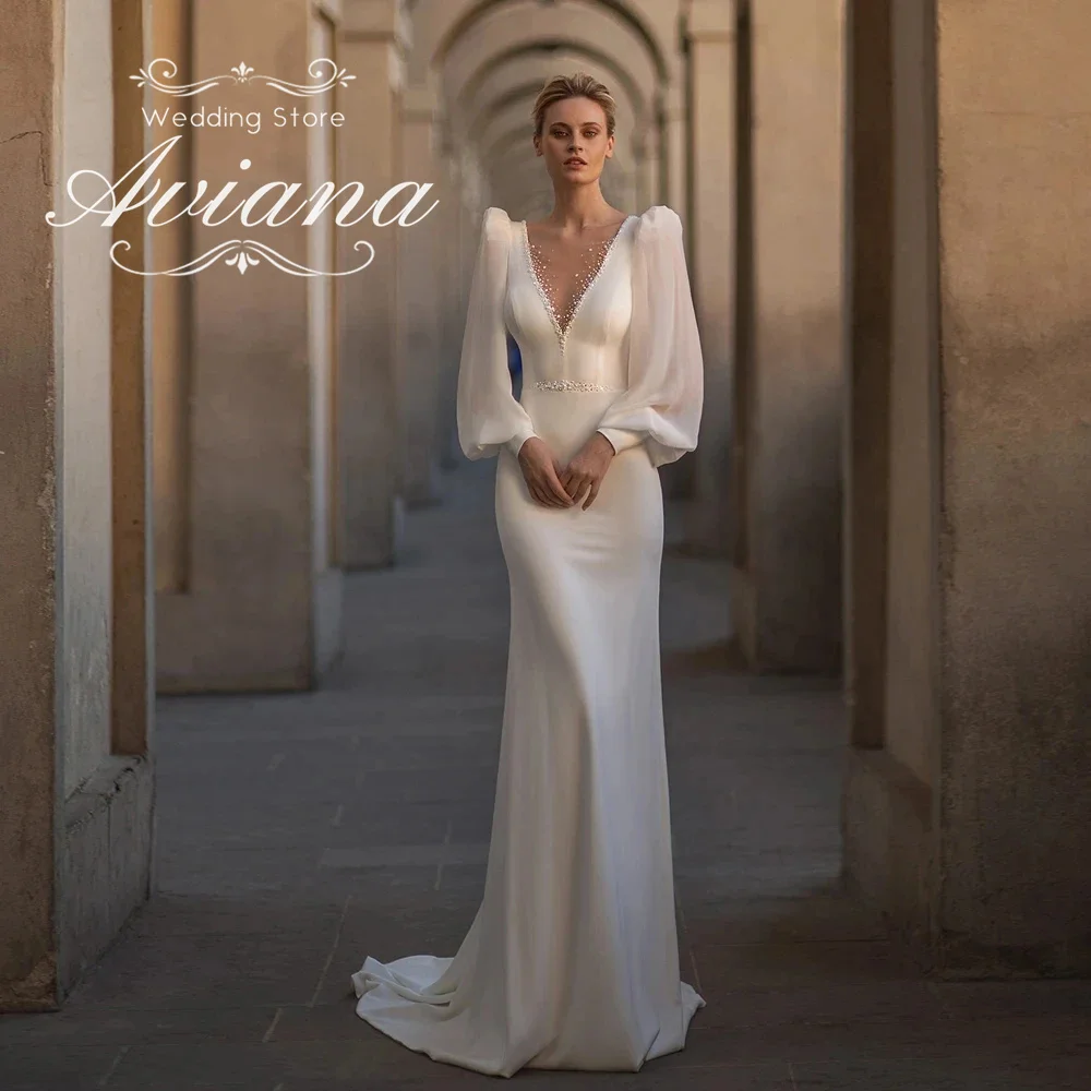 Aviana Customized Wedding Dress Deep V-Neck Puff Sleeves Beaded Embellished Mermaid Bridal Gown Open Back Elegant New Design