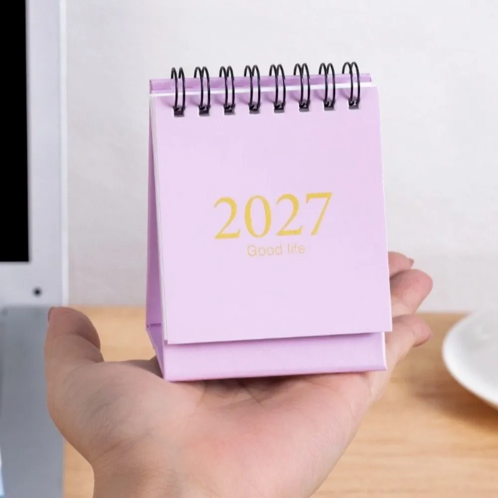 Simple 2027 Mini Desk Calendar Stand-Up with Stickers Planning Desk Calendar Daily Schedule Portable Gold Foil Spiral Calendar