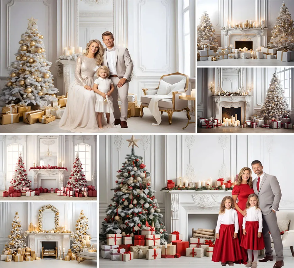 Mehofond Indoor Christmas Fireplace Backdrops Family Holiday Portrait Xmas Tree Window Decor Photography Background Photocall