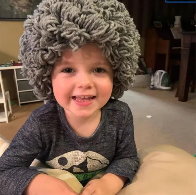 Cosplay Kids Boy Girl Hat Cute Old Lady Woman Curly Hair Wig Cap Skullies Beanies Winter Warm Knit Children Baby Hats and Caps