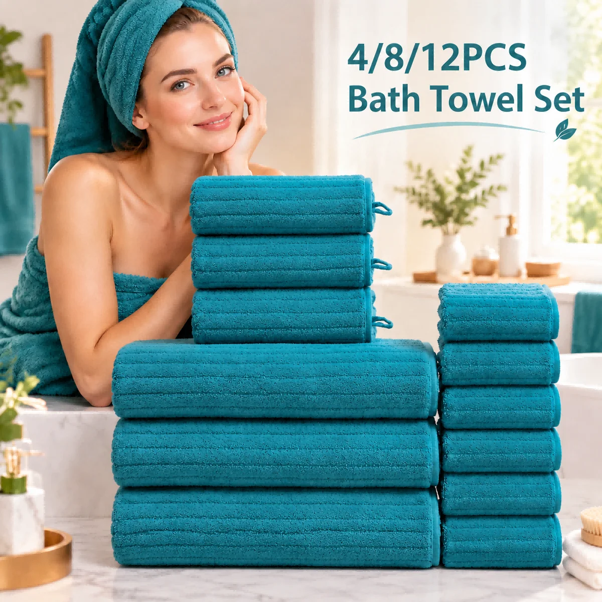 4/8/12-piece ultra-soft coral fleece towel and bath towel set, highly absorbent and quick-drying striped bathroom towels. Luxurious towel and bath sheet combo set, ideal for home, hotels, spas, gyms, and travel use.